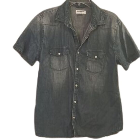 Express Western Denim Womens pearl snap buttons short sleeve shirt Size Large - Picture 3 of 9